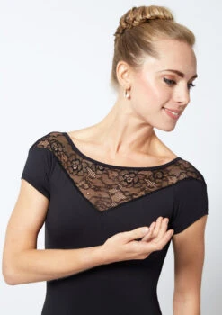 Move Dance Alana Cap Sleeve Lace Leotard -Best Dance Clothing Shop MOL0625 BLK CLOSE UP FRONT 1 03232.1678884175