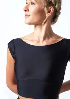 Move Dance Ava Cap Sleeve Crop Top -Best Dance Clothing Shop MOS0831 BLK CLOSE UP FRONT 1 94497.1678884793