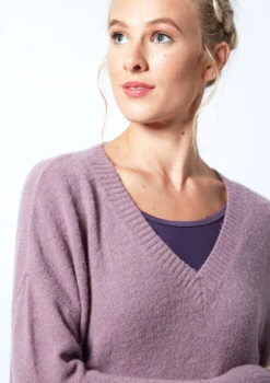 Move Dance Madeline Knit V Neck Jumper -Best Dance Clothing Shop MOZ0714 PUR CLOSE UP FRONT 1 30824.1678885115