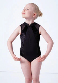 Bloch Girls Madinsson Zip Front Tank Leotard -Best Dance Clothing Shop blcl1035 black close up front 94347.1675901673