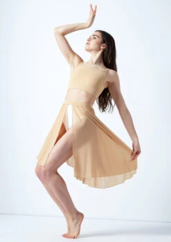 Move Dance Eris Asymmetric Lyrical Half Skirt -Best Dance Clothing Shop mo r0020 move dance eris asymmetric lyrical half skirt tan front no1 89210.1678884614