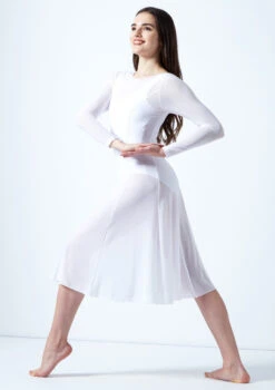 Move Dance Dione Long Sleeve Lyrical Dress -Best Dance Clothing Shop mo r0218 move dance dione long sleeve lyrical dress white front 70401.1678884650