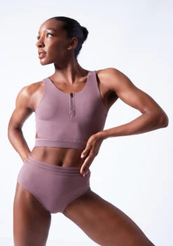 Move Dance Lorien Zip Crop Top -Best Dance Clothing Shop mos0602 orchid pink close up front 64079.1683070442
