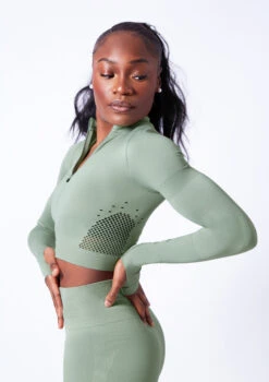 Move Dance Orianna Seamless Zip Crop Top -Best Dance Clothing Shop moz0503 sage close up side 81287.1682378357