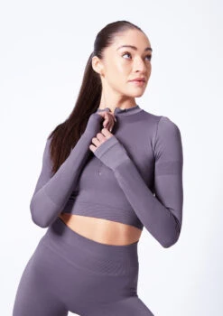 Move Dance Orianna Seamless Zip Crop Top -Best Dance Clothing Shop moz0503 sharkgrey close up front 47444.1684799014
