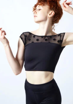 Move Dance Joelle Cap Sleeve Crop Top -Best Dance Clothing Shop moz0623 black close up front 1 56244.1692921489