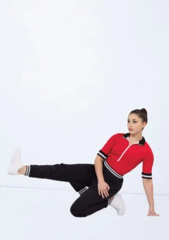 Weissman Zip-Front Striped Trim Leotard -Best Dance Clothing Shop wn15522 red 17 59189.1694696011