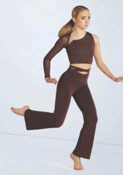 Weissman Asymmetric Mesh Sleeve Crop -Best Dance Clothing Shop wn15598 chocolate 51 t 49726.1698825496